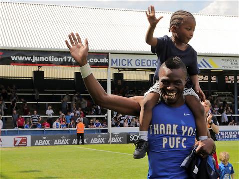 Gaby Zakuani waves farewell to Posh fans after final game of season v Blackpool